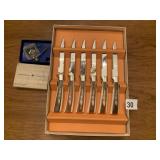 CAMBRIDGE GLASS OPEN SALT WITH STERLING SPOON AND