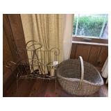 GOLD TONE MAGAZINE RACK AND HANDLED BASKET