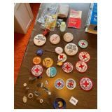 HOLOGRAPHIC 1982 PAC MAN STICKER, RED CROSS PINS