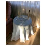 DESIGNERS TABLE WITH ABSTRACT METAL FRUIT BOWL