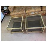 BRASS AND GLASS END TABLES WITH RATTAN UNDERSHELF