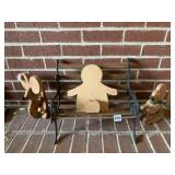 IRON AND WOOD DOLL BENCH, WOOD BEAR AND MOUSE