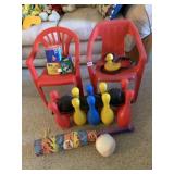 CHILDRENS PLASTIC CHAIRS, RUBBER DUCKY, BOWLING