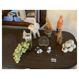 WOOD PELICAN, CERAMIC ELEPHANT, FAUX GRAPES,