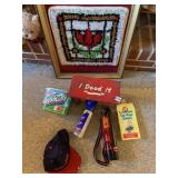 BUDWEISER HAT, WOOD STOOL, LATCH HOOK, DRY