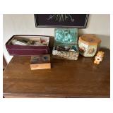 SEWING BASKET WITH EMBROIDERY FLOSS, SHOE BOX OF