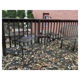 WROUGHT IRON PATIO BARREL CHAIRS AND 2 TABLES