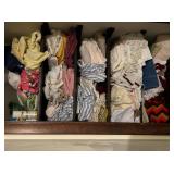 5 SHELVES PACKED WITH LINENS, KING/TWIN, AFGHANS,