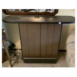 FREE STANDING BAR, MINOR DAMAGE TO TOP, SHELVES IN