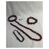 RED BEAD NECKLACE, AND 2 BRACELETS