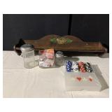 PROFESSIONAL POKER CHIPS, SHAKER, WALL SHELF