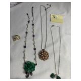 LEOPARD PIN, GREEN CARVED FLOWER NECKLACE, BRONZE