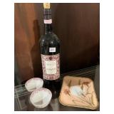 EMPTY DISPLAY BOTTLE, 2 BOWLS, HAND PAINTED DISH