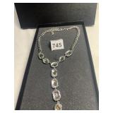 PEAR AND SQUARE STONE DROP NECKLACE SILVER TONE