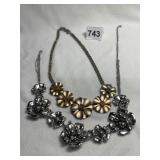 BRONZE AND 1 SILVER FLOWER NECKLACES, 38" LONG
