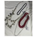 RED 5 STRAND NECKLACE, JET BEADS, CRYSTAL