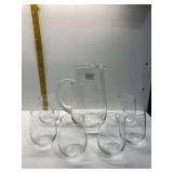 GLASS PITCHER WITH APPLIED GLASS HANDLE AND 6