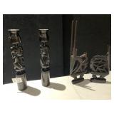WOOD CANDLE STICKS AND CARVED ANIMALS