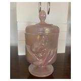 FENTON CAT COVERED CANDY DISH PINK OPALESCENT