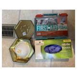 FIRST AIDE KIT, PLASTIC GLOVES, ETC.