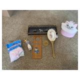 PEWTER CATS, MIRROR, DRESSER TRAY, ETC.