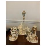PORCELAIN SNOW CHILDREN WITH TREES & LIGHT POST