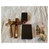 CROSS WITH HOLY WATER BOTTLE, CANDLES, BIBLES