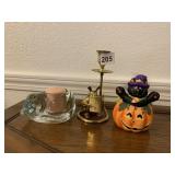 BRASS MOUSE CANDLE HOLDER 7" H, CAT & PUMKIN TEA