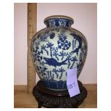 BLUE, WHITE ORIENTAL VASE W/ STAND
