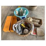 BASKET W/ PORCELAIN HANDLES, STRING, ETC.