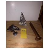 RAILROAD SPIKE, STONE PYRAMID, GLASS ANIMAL