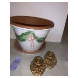 PINECONE DESIGN CANDLE STICKS, GLAZED PLANTER W/