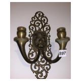 BRASS CANDLE STICK 2 ARM FROWNING FACE HEAVY 14"