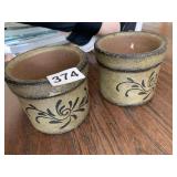 2 SMALL BLUE DECORATED CHEESE CROCKS