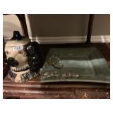 GLAZED POTTERY DOUBLE SIDED DOG, AND DISH