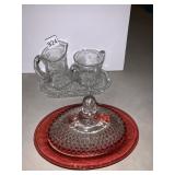 PRESSED GLASS CR/SUGAR/TRAY, RUBY COVERED BUTTER