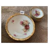 ROSE BOWL GOLD RIM W/ 6 SMALL BERRY BOWLS