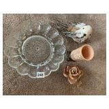 EGG PLATE, TWIG BIRD, FLUTE PLAYING VASE AND ROSE