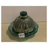 CARNIVAL GLASS COVERED BUTTER GREEN