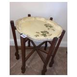FOLDING WOOD BASE TRAY STAND W/ HAND PAINTED TRAY