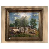 OIL ON CANVAS MAN TENDING TO HORSE WOMEN ON BENCH