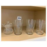 THREE FINE ETCHED GLASSES, CONDIMENT HOLDER