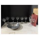 ETCHED GLASSES 6, 2000 COURT PILSNER, PEWTER BOWL