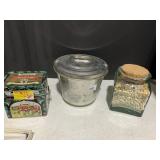 MUSIC BOX TIN, JELLO MOLD, JAR WITH BEANS