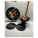 TIN DECORATIVE TRAYS, GLASS BOWL WITH PINECONES &