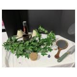 WOOD MIRROR, GLASS, SHADES,