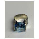 STERLING BRUSH FINISH RING SZ. 8 W/ LARGE BLUE