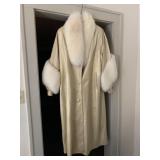 FUR/GOLD LEATHER COAT SZ. L 53" LONG, RHINESTONE