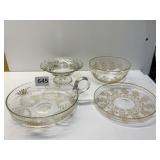 NAPPIES ETCHED GOLD PAINTED, PEDESTAL BOWL, ETC.