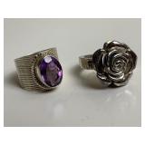 STERLING RINGS SZ. 8 PURPLE CENTER STONE AND ROSE